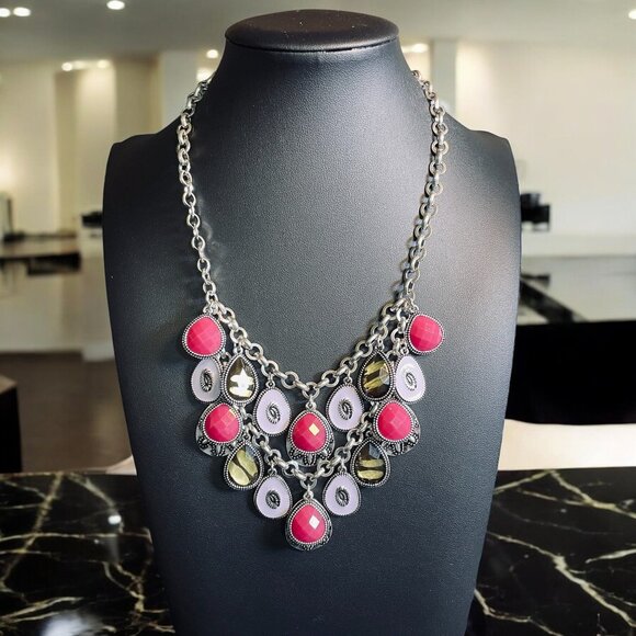 Reversible Statement Necklace Chunky Pink Crystal Boho Silver Coin Layered Y2K - Picture 1 of 10